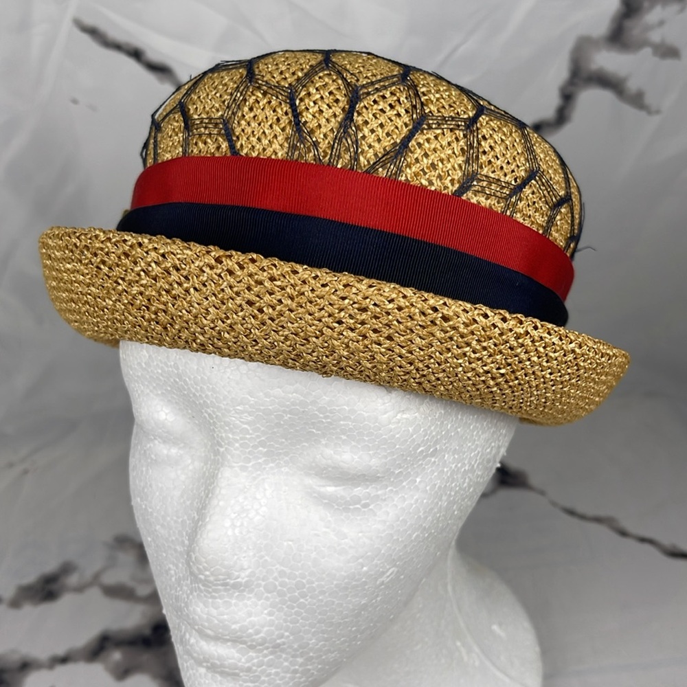 Jan Leslie Vintage Boater Hat Straw Red & Blue Grosgrain Ribbon Band Tassel Net - Picture 5 of 8